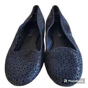 Chico's Black Shimmer Leather Ballet Flats Size 8 Slip-On Round Toe Balletcore